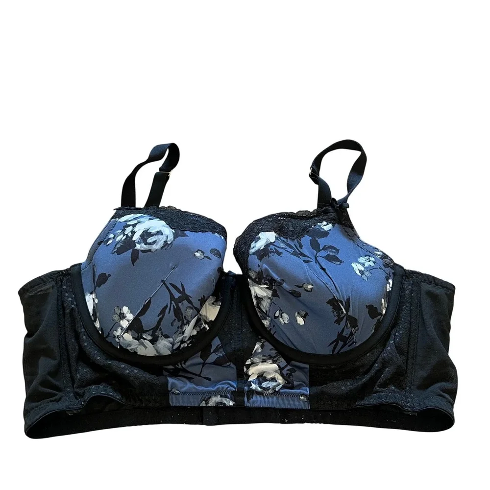 Cacique Blue Black Floral Lace Lightly Lined Balconette Bra 42C Underwire 5247